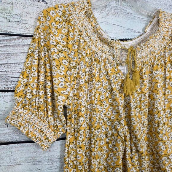 Lucky Brand Yellow Floral Smocked Peasant Top S - Picture 2 of 8